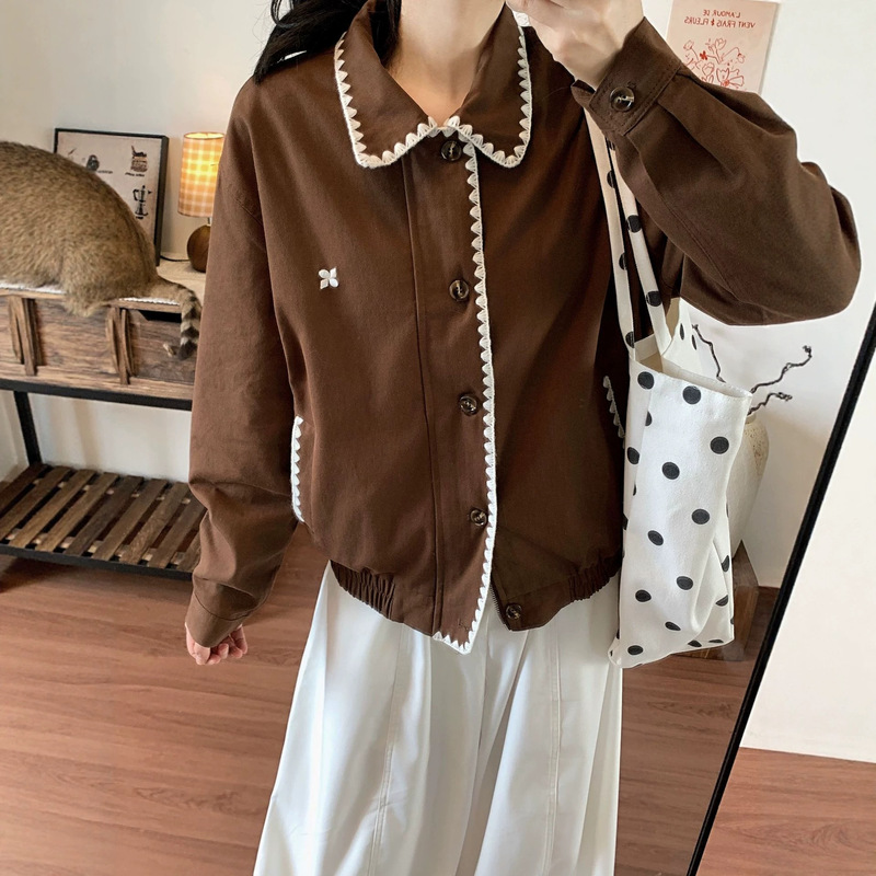 Shell Embroidery Harrington Jacket with Serrated Design, Turn-down Collar, Short Coat for Women, New Spring and Autumn Commuting Versatile Loose Jacket Shell Embroidery Harrington Jacket with Serrated Design, Turn-down Collar, Short Coat for Women, New Spring and Autumn Commuting Versatile Loose Jacket