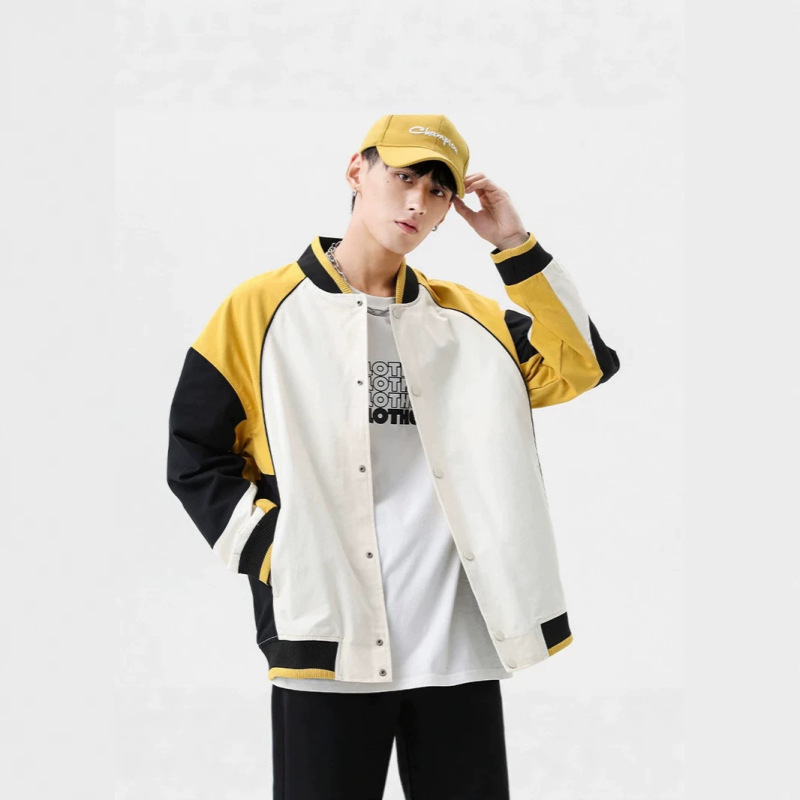 New autumn American high street casual jacket for men, loose trendy color-block baseball jacket, couple's outerwear jacket wholesale
