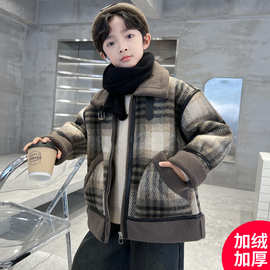 男童呢子大衣外套秋冬款2025新款冬季加绒加厚中大童男孩冬装棉服