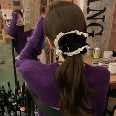 小香風蕾絲邊絲絨發圈黑色大腸頭繩秋冬高級感橡皮筋扎頭髮繩法式