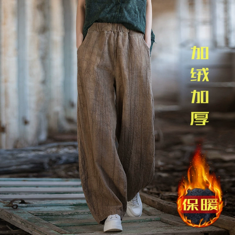 Женские утепленные брюки Ramie Tie-Dye, старые на флисовой подкладке, зимние брюки из хлопка и льна, новые художественные повседневные шаровары, хлопковые брюки
