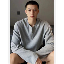 灰色半拉链华夫格男春秋季休闲t恤穿搭宽松高级感小众打底上衣潮
