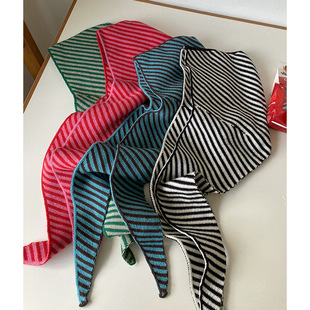 2024 autumn and winter Korean striped hat scarf all-in-one women's warm shawl scarf wool knitted hat hooded women