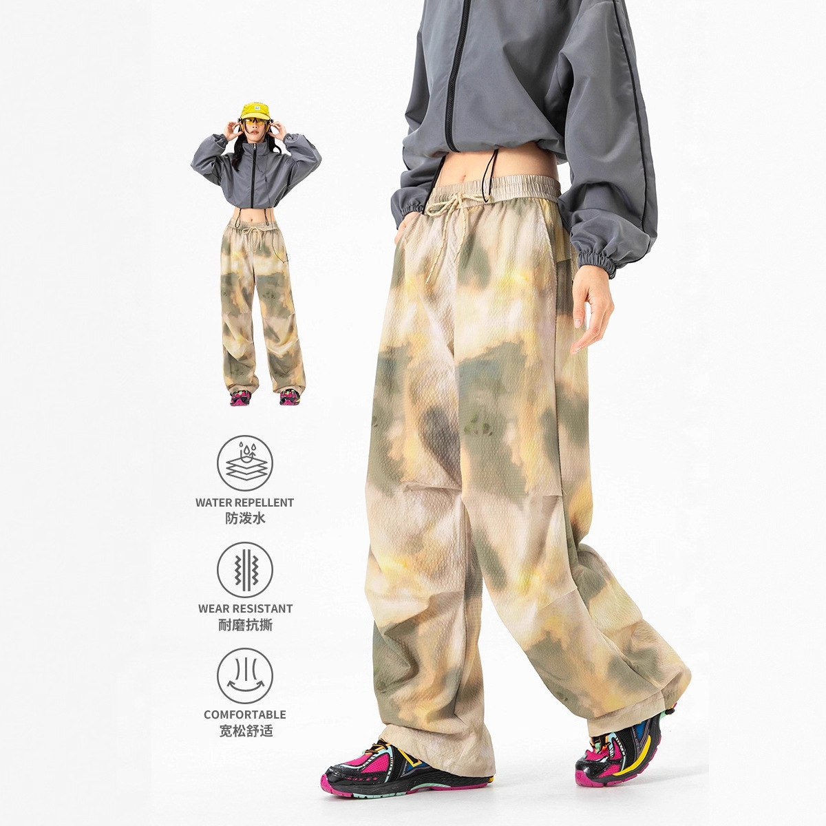 Izexx Trendy Outdoor Hiking Waterproof Tie-Dye Cargo Pants Unisex Loose Straight Casual Pants