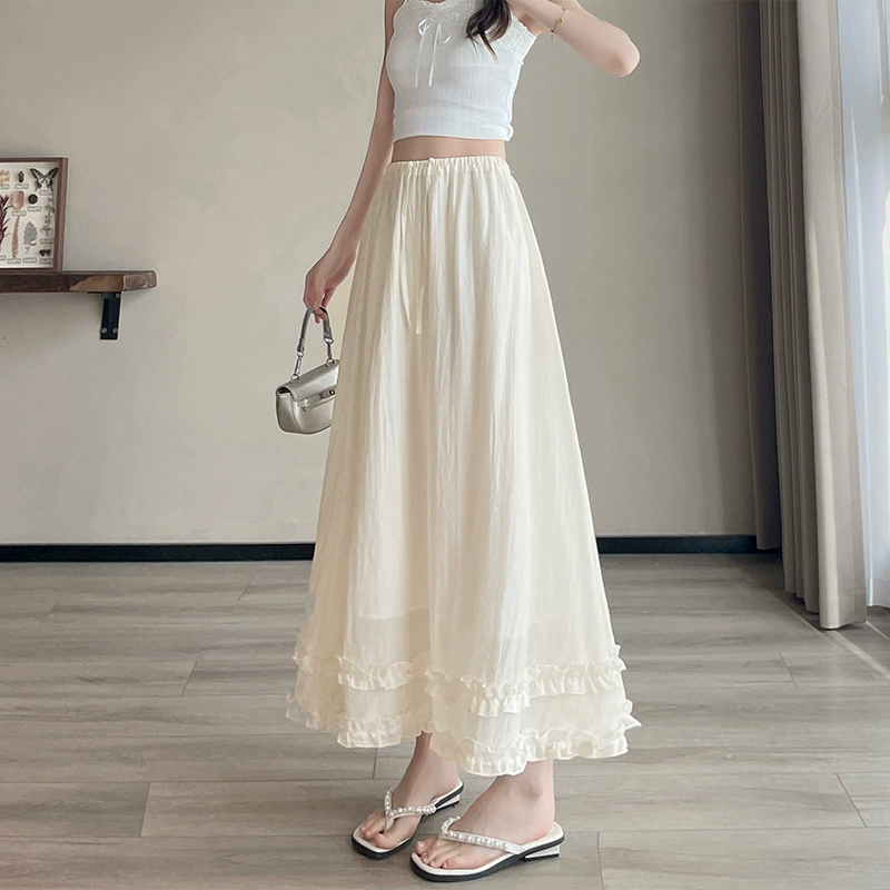 Двухслойная юбка с рюшами для женщин, лето 2025, тонкая, омолаживающая, универсальная, высокая талия, утягивающая, А-силуэта, длинная юбка