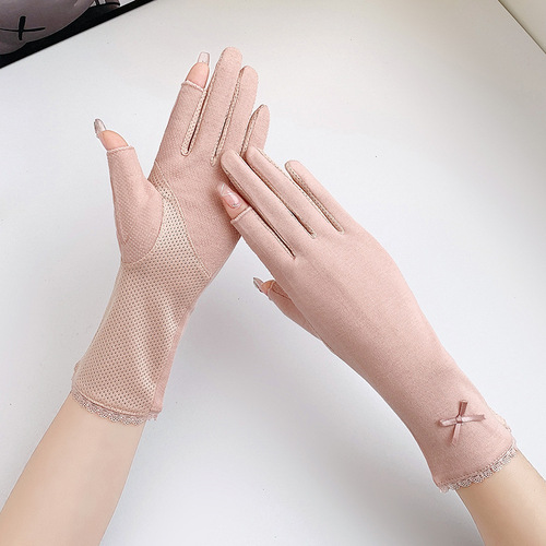 Women's mid-length cotton gloves spring and summer outdoor touch screen half-fingerless cycling and driving anti-UV sunscreen gloves