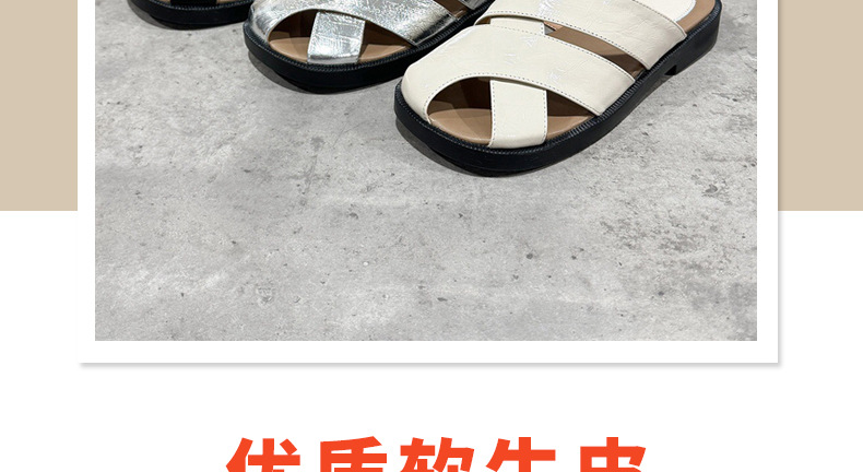 Dép sandal nữ quai ngang mũi tròn đế bệt da thật khoét lỗ thoáng khí — Màu đen chi tiết 5