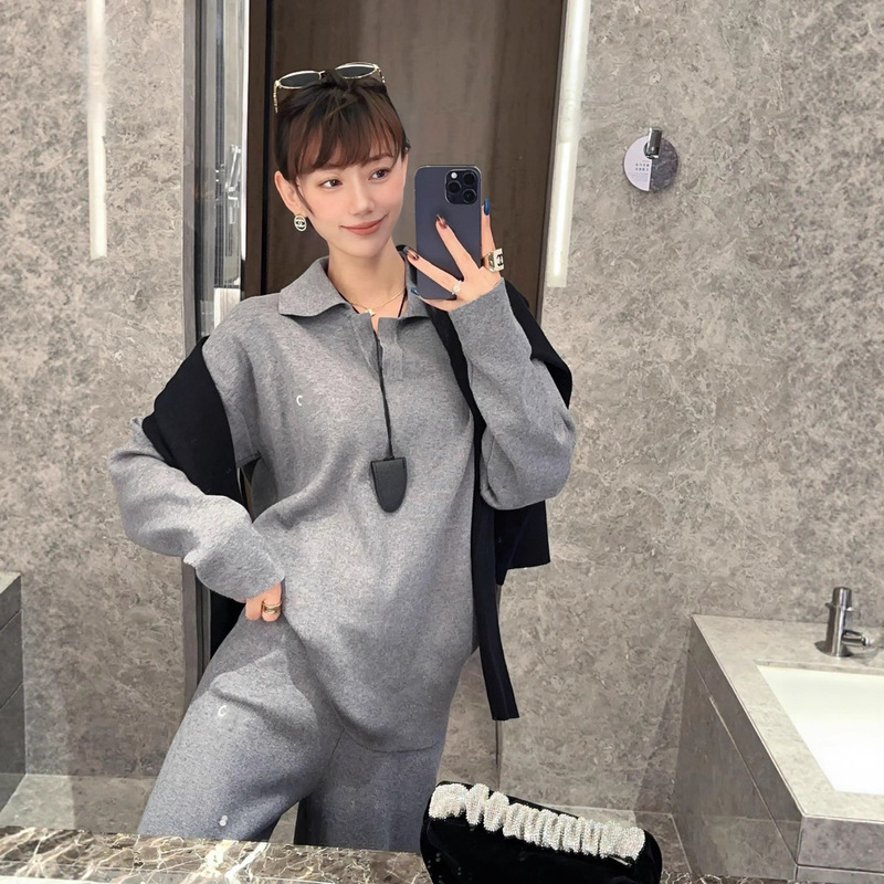 alo同款瑜伽健身套装女老钱风polo领套头针织衫休闲阔腿裤两件套|undefined