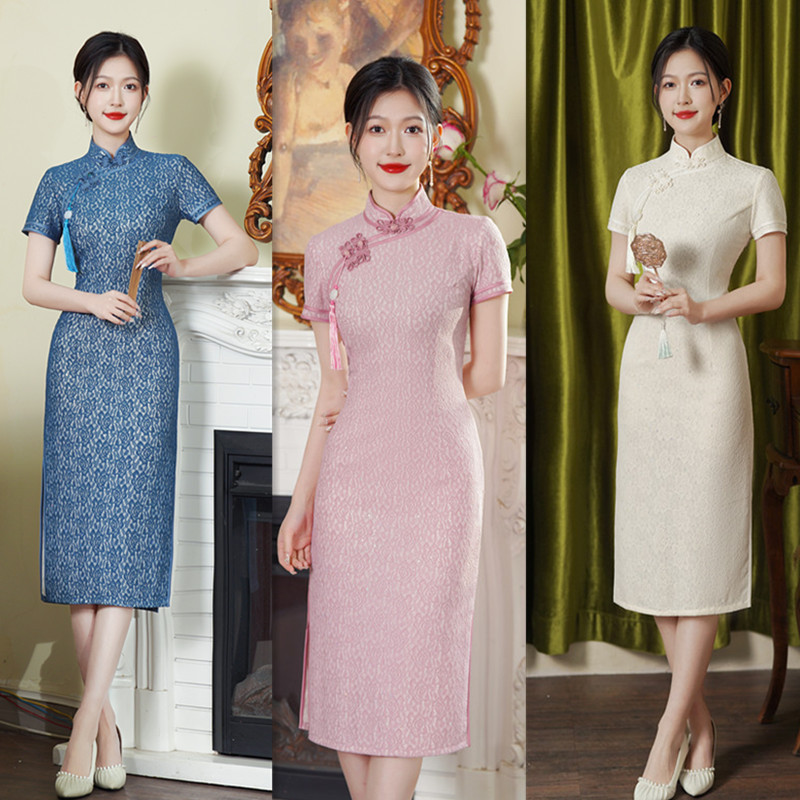 艾旗繡複合蕾絲中長款小個子大碼旗袍2024夏季新款復古國風旗袍裙