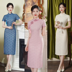 艾旗繡複合蕾絲中長款小個子大碼旗袍2024夏季新款復古國風旗袍裙