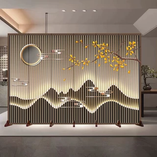 可移动屏风隔断带轮新款客厅遮挡新中式山水移动酒店双面折叠屏风