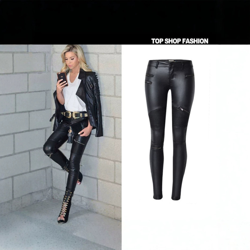 Women's faux leather denim skinny pants with multiple zippers, biker style, plus size Women's faux leather denim skinny pants with multiple zippers, biker style, plus size