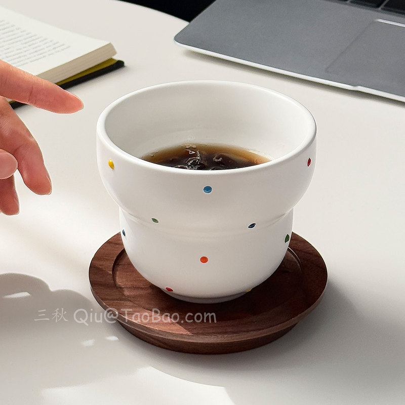 复古哑光白浮雕立体波点糖豆陶瓷手握杯葫芦杯咖啡拉花拿铁杯礼物|undefined