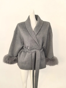 Spot popular woolen coat short style real fox fur cuffs double-sided wool coat women's lace-up woolen coat