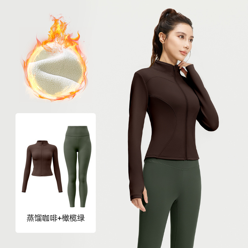Juyi Tang otoño y invierno más terciopelo engrosado conjunto de ropa de yoga desnudo sensación delgada alta elástica a prueba de viento conjunto de acondicionamiento físico mujer