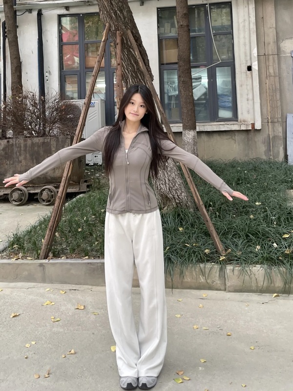 lulu同款高腰螺纹抽绳休闲阔腿裤直筒宽松垂坠感瑜伽运动健身长裤|undefined
