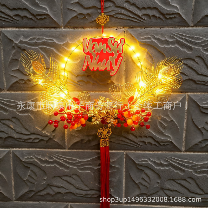 2026新款越南文发光铁艺孔雀毛装饰入户氛围灯店铺装饰挂东南亚外|undefined