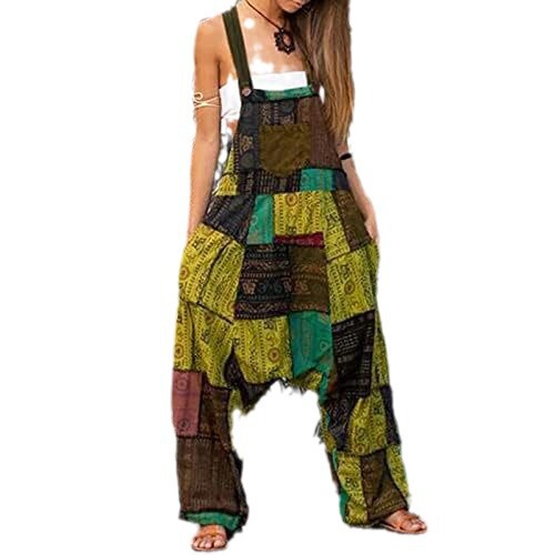 Women's Bohemian Patchwork Ethnic Print Sleeveless Loose Hemaran Pocket Onesie