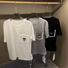 042903【韩系东大门女士刺绣花边口袋T恤】外贸潮牌三色入手！