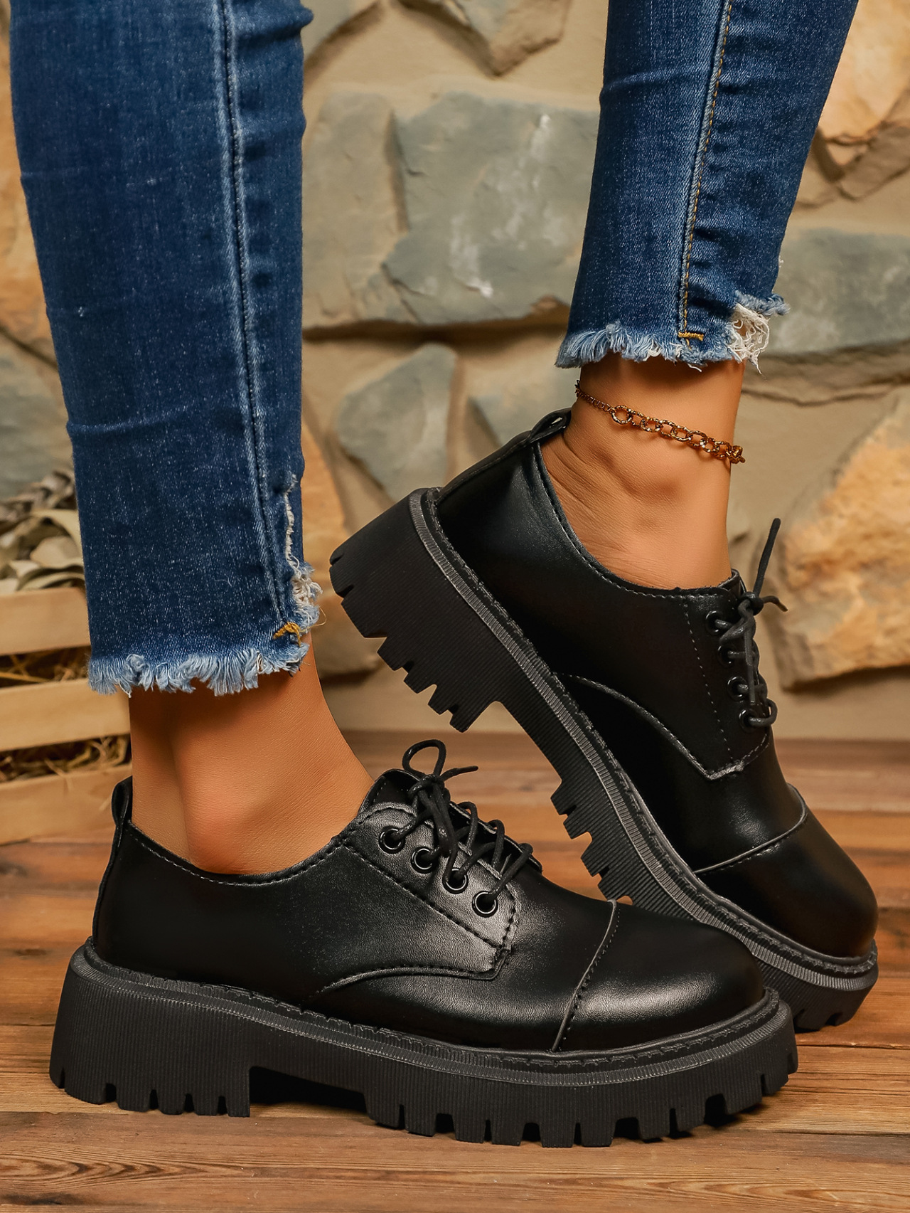 Scarpe eleganti donna stringate loafer retro punta tonda pelle_voghion.com