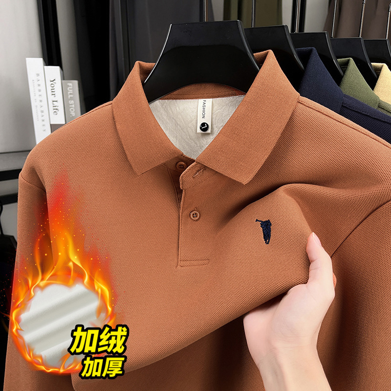 Paul 100% Cotton T-Shirt Men's Versatile Lapel Fleece-Lined Thickeneded Long-Sleeved Casual Pony Logo Polo Shirt Top Trendy