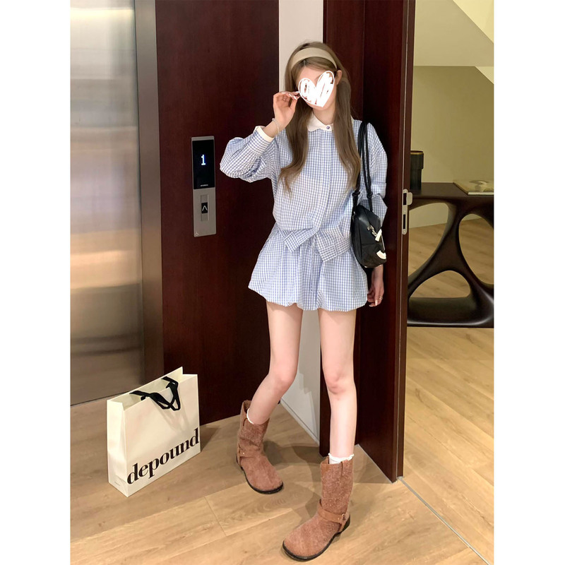 气质清冷感撞色蓝格子翻领长袖衬衫女早秋新款花苞裙短裙两件套装|undefined