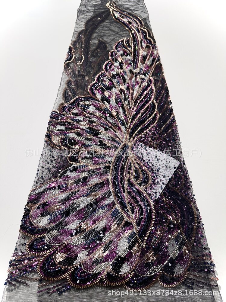 Plumas de anchoque unilaterales de malla de cuentas de clavos industriales pesadas bordadas a mano sequinilla tela de vestido de cola de pescado para la cena