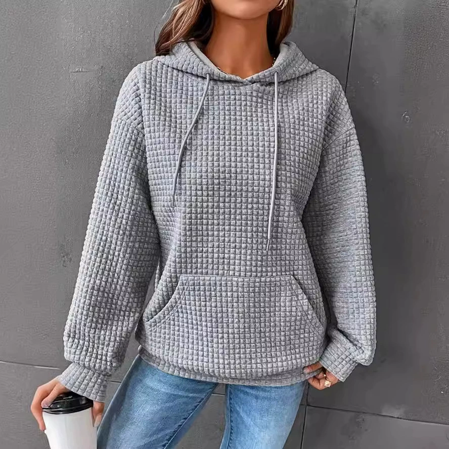 2024 осень и зима Amazon европейские и американские женщины трансграничные новые вафли с круглым вырезом с длинным рукавом свитер сплошной топ женский