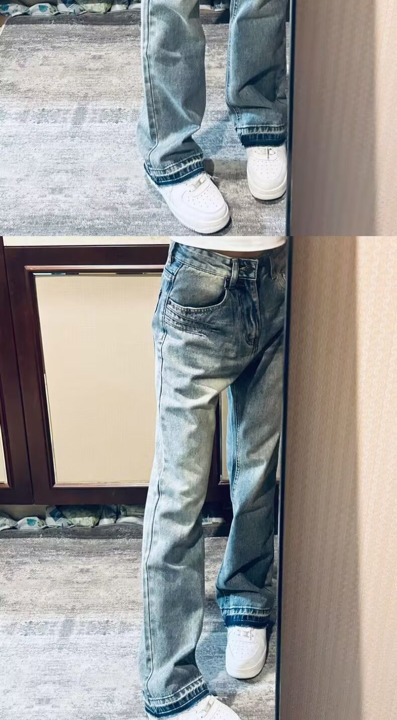 Teen Washed Denim Jeans American Style Summer Trendy Unisex High Street Loose Straight Leg Pants mid Waist Blue Long Non-Stretch_mkmklike.com