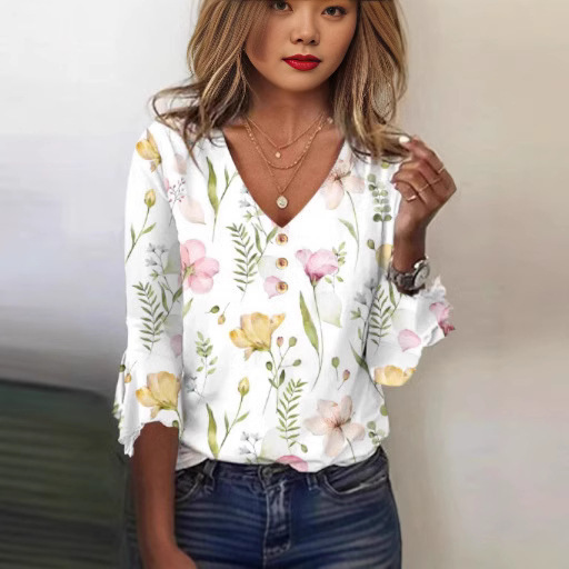 2024 Foreign Trade Cross-border New Women's Casual V-neck Seven-point Sleeve Loose Pullover Digital Printed Women's T-shirt