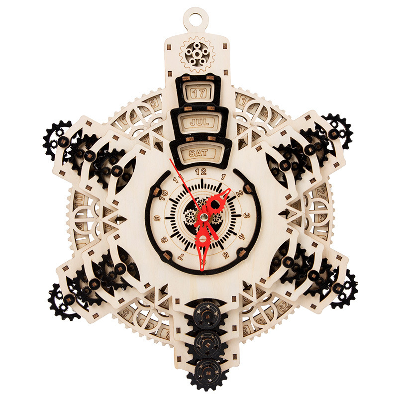 Diy calendario perpetuo reloj de montaje de transmisión de madera creativo relojes mecánicos regalos máquina caja de contraseña juguetes