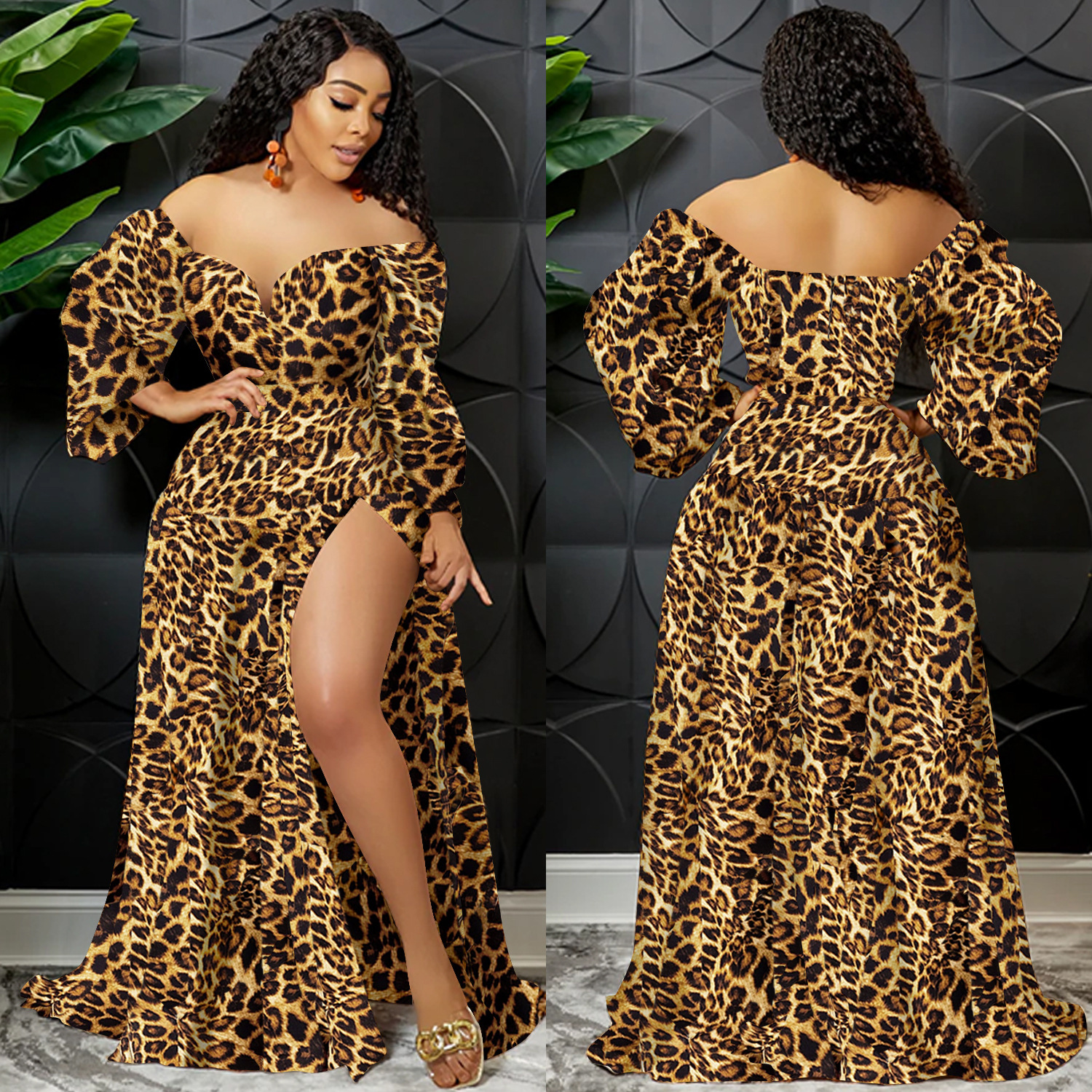 X5889 transfronteriza AliExpress Amazon impreso con cuello en V envuelto en el pecho largo ancho manga irregular split gran swing falda vestido image 3