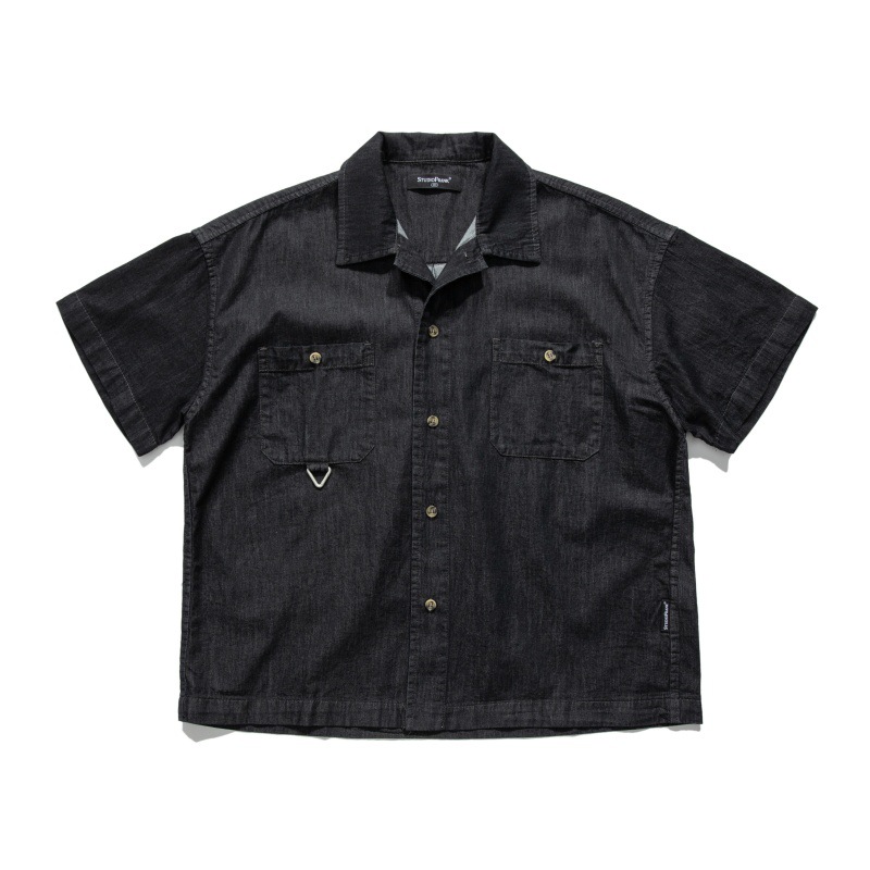 Camicia in denim da uomo Yidao Vintage 2025 Summer New American Retro Distressed Patch Pocket Cuban Collar Loose Workwear_voghion.com