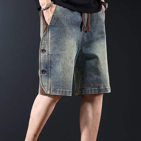 2025 New Style Patchwork Denim Shorts Straight-Leg Men's Mid-Length Pants Summer Thin Loose American Casual Five-Point Pants for Men