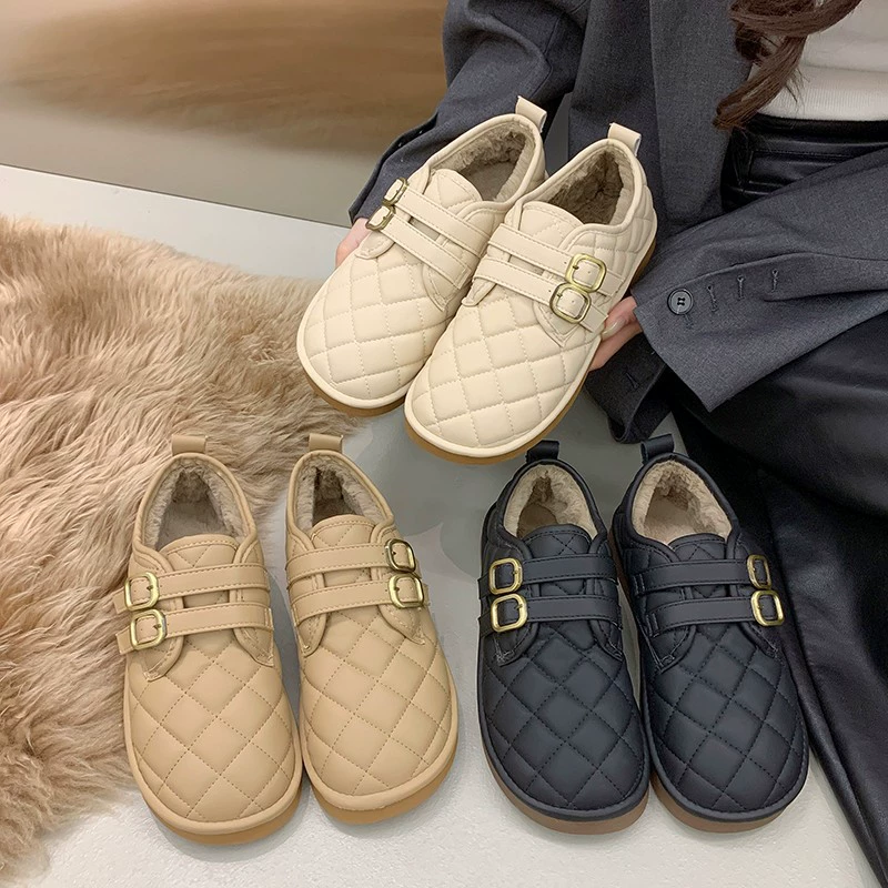 Повседневная теплая обувь на толстой подошве с хлопковой подкладкой, женские хлебные туфли на мягкой подошве, Женская Осень-зима 2023, новые толстые лоферы на плоской подошве с флисовой подкладкой