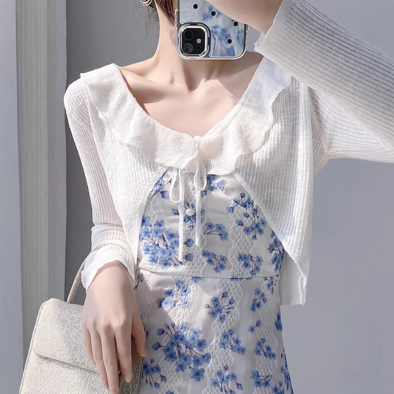 Knitted Cardigan for Women, Thin Air-Conditioning Shirt, Outerwear for Slip Dresses, Summer Shawl, Ice Silk Short Cape, Fairy-Style Jacket