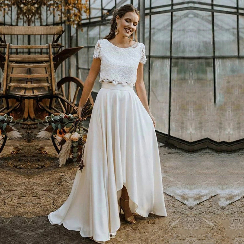 European and American cross-border bohemian two-piece wedding dress, asymmetrical long gown, suitable for outdoor beach photoshoots, with a sophisticated and elegant feel European and American cross-border bohemian two-piece wedding dress, asymmetrical long gown, suitable for outdoor beach photoshoots, with a sophisticated and elegant feel