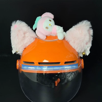 Motosiklet dəbilqələri lying pose, giant panda accessory decoration - a-pair-of-pink-cat-ears-with-bells-a-lying-down-my-melody-plush-toy