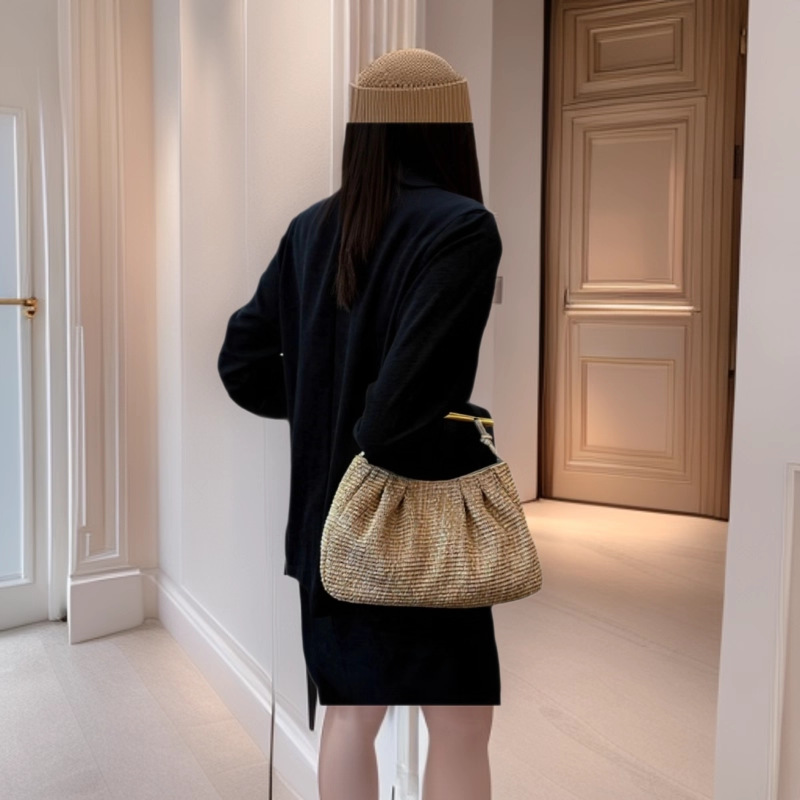 Pleated Cloud Shoulder Bag For Women, Baguette Crossbody Bag, Seaside Vacation Style Casual Underarm Dumpling Bag, Straw Woven - Thumbnail 2