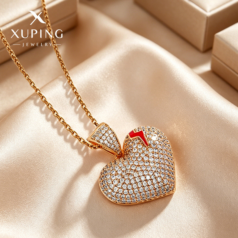 Joyería Xuping, Collar de Aleación con Colgante de Corazón con Diamantes, Estilo Europeo y Americano, Diseño de Corazón Roto, Esmalte Brillante, Venta al por Mayor
