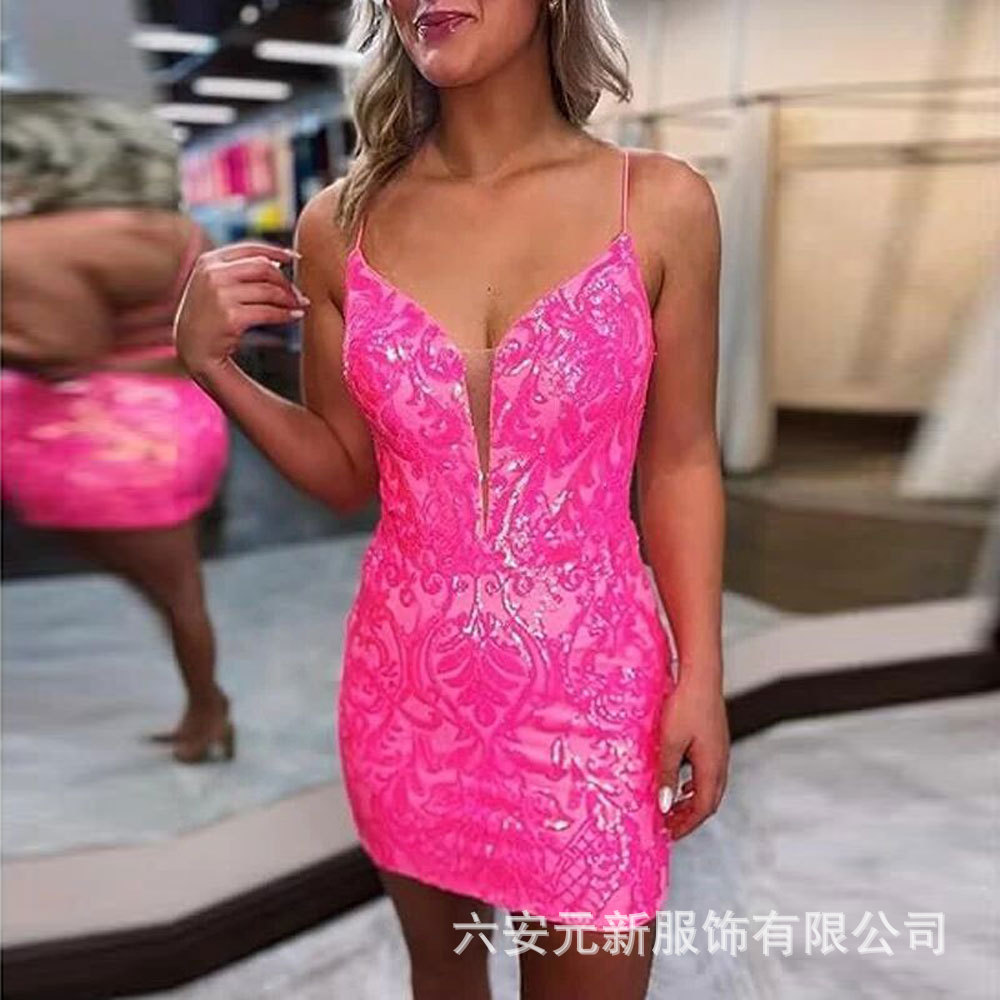 Comercio exterior europeo y americano Amazon nuevo lentejuelas vaina sexy V-cuello backless corto banquete bola partido vestido de noche image 1