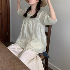 Mengxiang ▏ クリアで波状のラミーの軽くて薄いグレーとブルー/ライトグリーンのトップスクエアカラーシャツベビードールシャツ