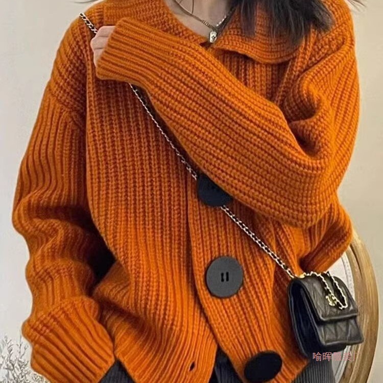 Pumpkin Orange 2026 Lapel Knitted Cardigan Sweater Jacket for Women Autumn and Winter French Retro Style Loose European-Style Jacket