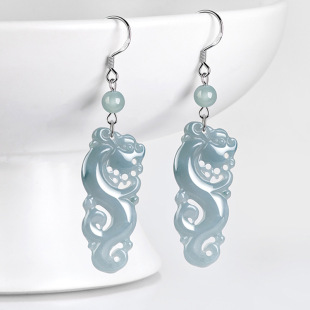 High-grade S925 silver inlaid natural A goods jade blue water antique dragon earrings ice jade stone antique female earrings earrings