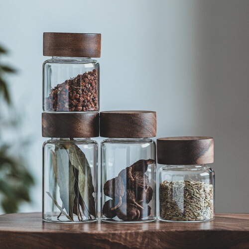 Small threaded wooden lid sealed glass jar B&B household tea jar coffee beans grains spice storage storage bottle