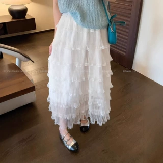 温柔风白色垂感蛋糕半身裙女春夏法式网纱拼接松紧腰显瘦A字长裙