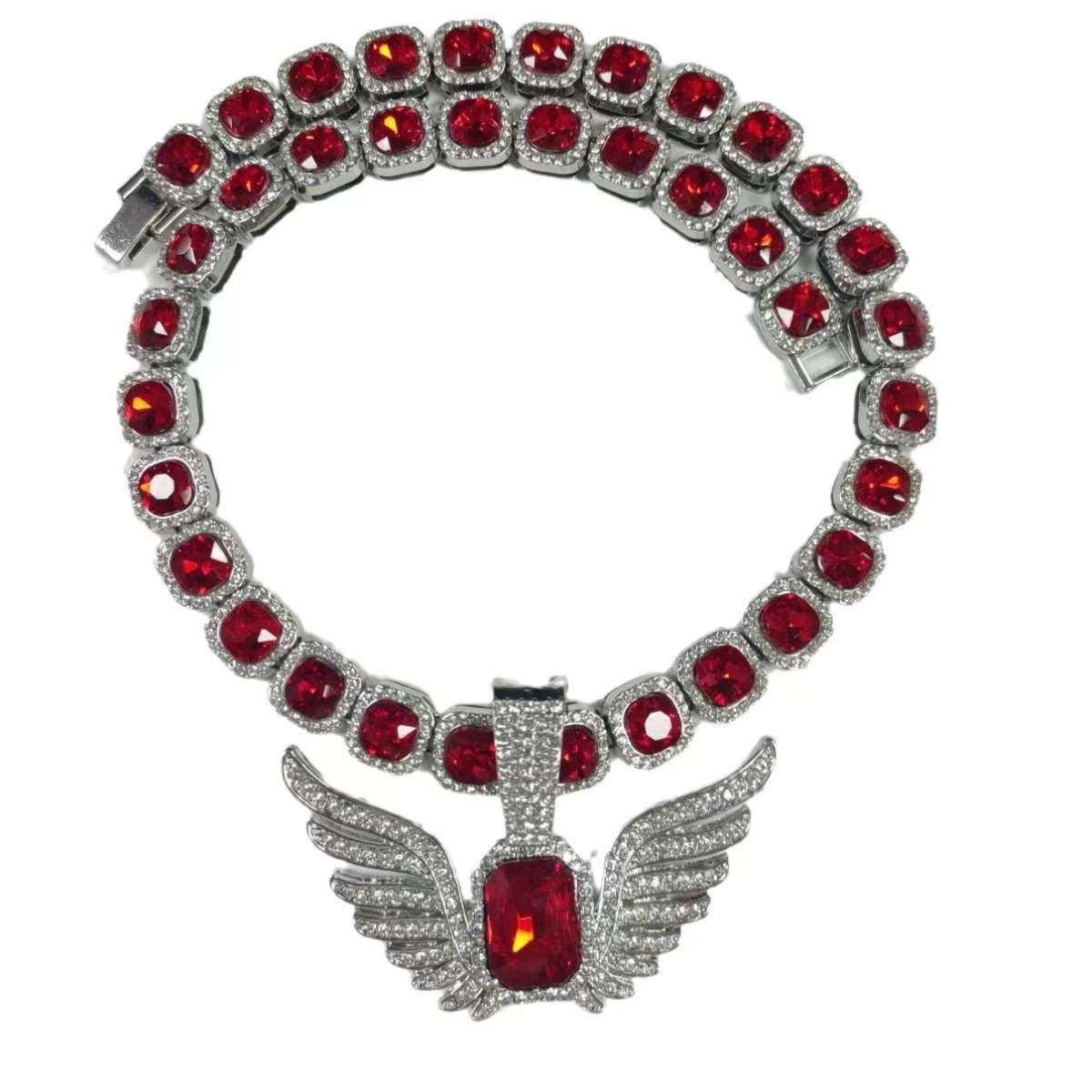Alloy light luxury niche men and women fashion angel ins wing pendant emerald hip-hop Cuban chain_voghion.com