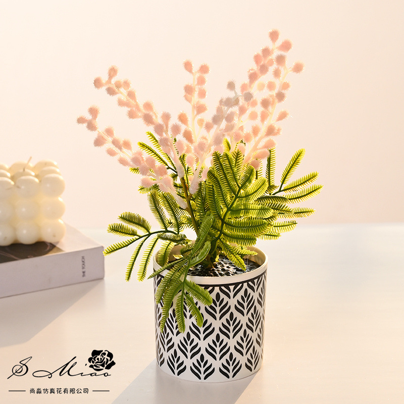 Acacia pequeña plantación de bonsai imitación de flores verdes decoración de escritorio decoración floral de sala de estar interior image 3