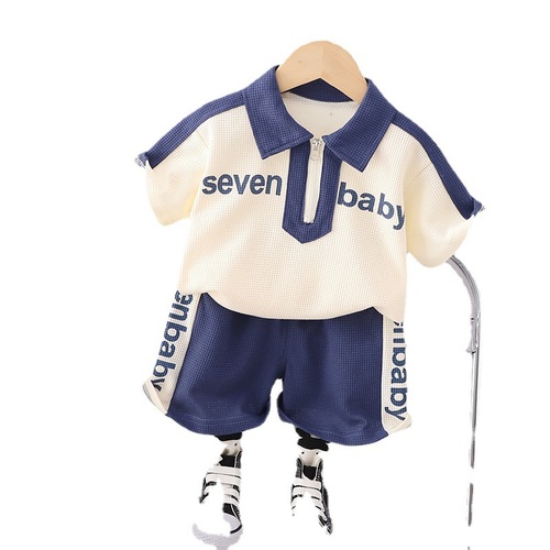 Children's new summer style boys' lapel casual long-sleeved suit baby sports shorts two-piece set trendy wholesale