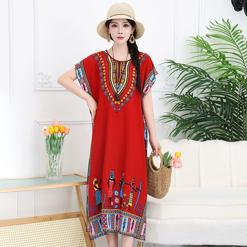 Национальный ветер хлопковое шелковое платье 2025 лето новая летняя юбка с рукавами летучей мыши женская юбка большого размера свободного принта